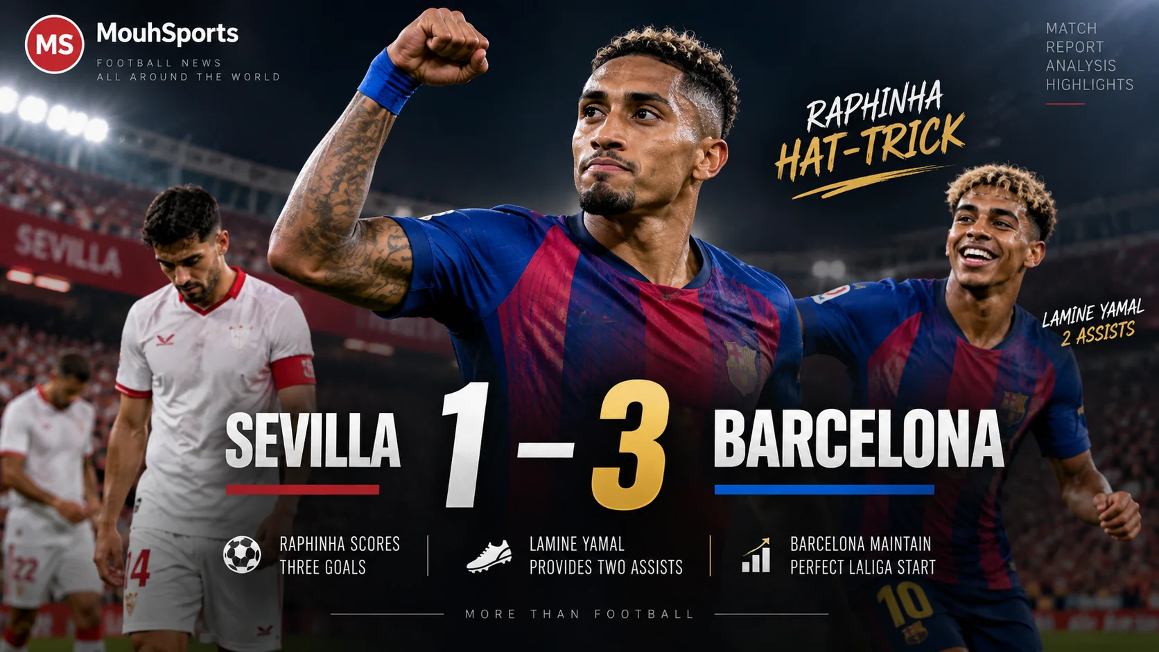 Raphinha Hat-Trick Leads Barcelona to 3-1 Win Over Sevilla